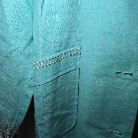 J. Jill 100% Linen Embroidered Duster Jacket Turquoise Aqua Blue Women's Size XS - Picture 5 of 15